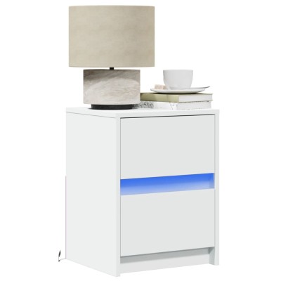 Mesita de noche con luces LED madera de ingeniería blanca