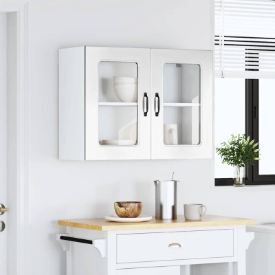Armario de cocina de pared con puerta de cristal "Kalmar" de, madera de ingeniería blanca brillante