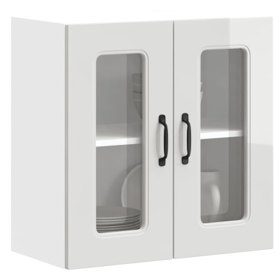 Armario de cocina de pared con puerta de cristal "Kalmar" de, madera de ingeniería blanca brillante