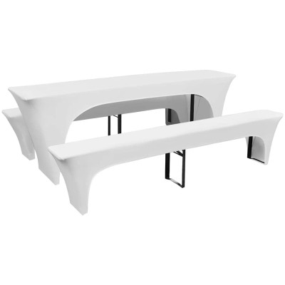 3 fundas blancas estirables para mesa y 2 bancos 220x70x80 cm