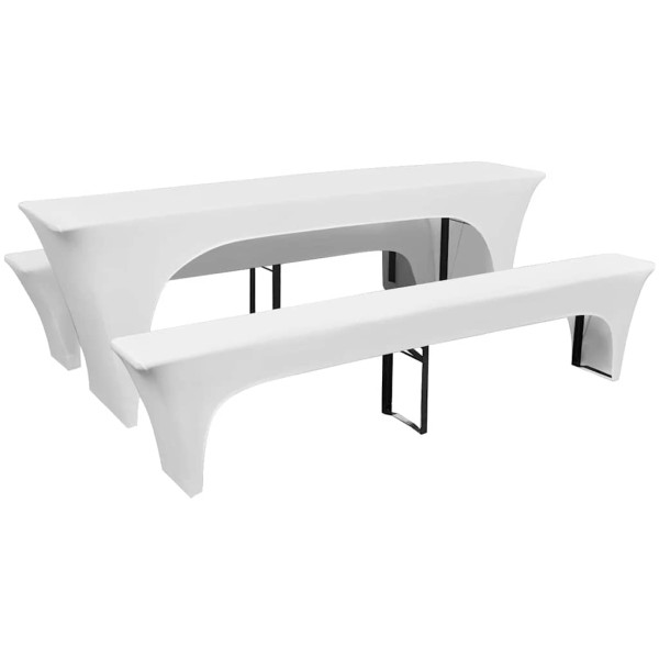 3 fundas blancas estirables para mesa y 2 bancos 220x70x80 cm