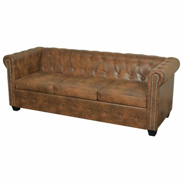Sofá Chesterfield 3 plazas en cuero sintético marrón | TanderMuebles