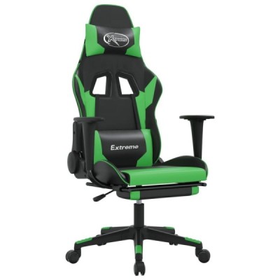 Silla gaming con reposapiés cuero sintético negro verde | TanderMuebles
