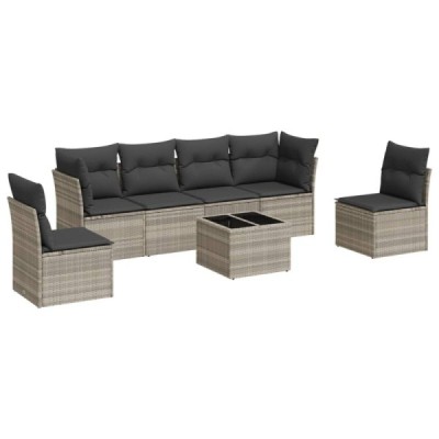 Set de sofás de jardín 7 pzas con cojines ratán PE gris | TanderMuebles