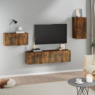 Set de muebles de TV 4 pzas madera contrachapada roble ahumado
