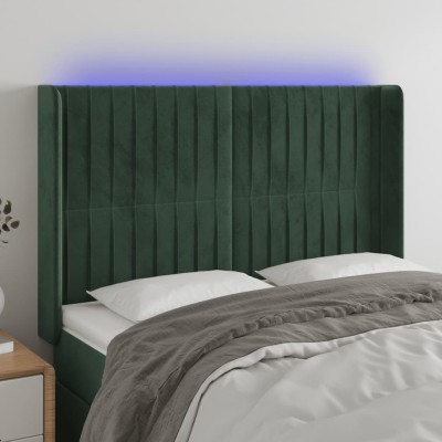 Cabecero con LED de terciopelo verde oscuro 147x16x118/128 cm