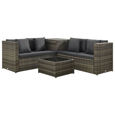 Set de sofás de jardín 4 piezas y cojines ratán sintético gris