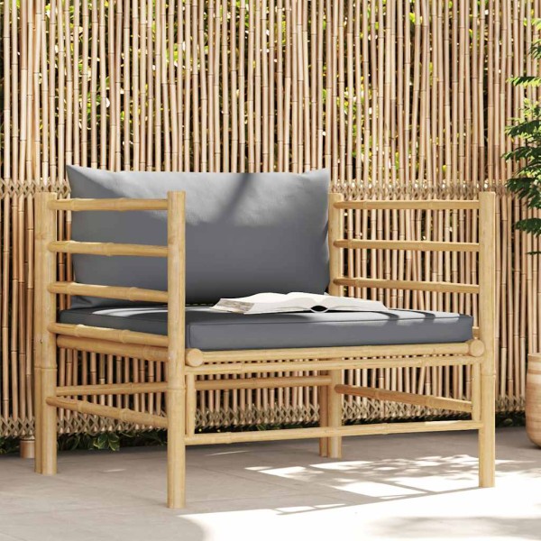 Sofá de jardín bambú con cojines gris oscuro