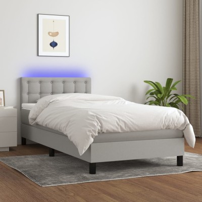 Cama box spring colchón y luces LED tela gris claro 90x200 cm