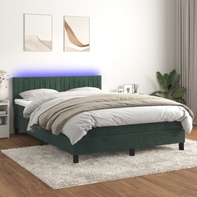 Cama box spring colchón y LED terciopelo verde oscuro 140x190cm