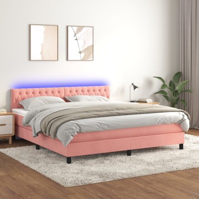 Cama box spring colchón y LED terciopelo rosa 180x200 cm