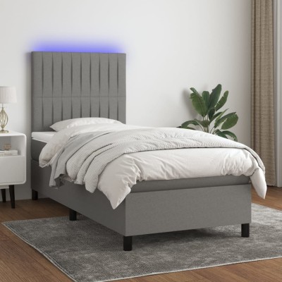 Cama box spring colchón y luces LED tela gris oscuro 80x200 cm