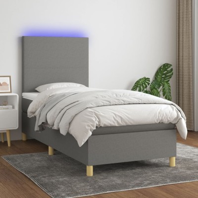 Cama box spring colchón y luces LED tela gris oscuro 100x200 cm