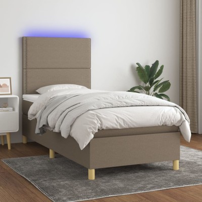 Cama box spring colchón y luces LED tela gris taupe 100x200 cm
