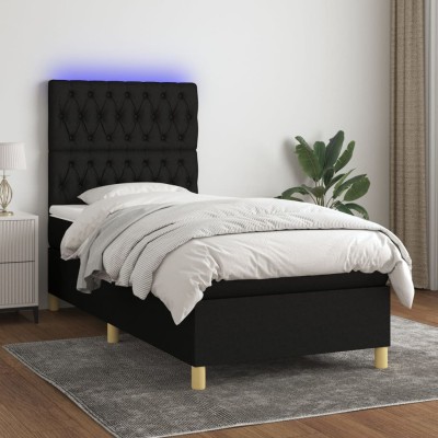 Cama box spring colchón y luces LED tela negro 80x200 cm