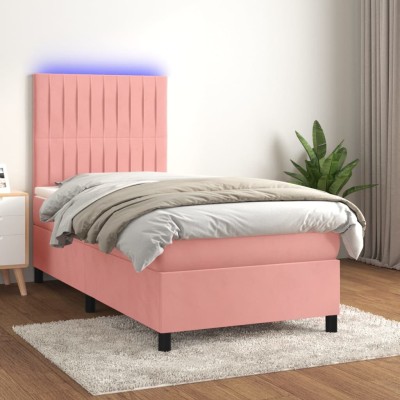Cama box spring colchón y LED terciopelo rosa 90x200 cm