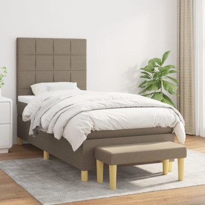 Cama box spring con colchón tela gris taupe 90x200 cm