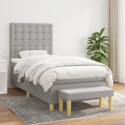 Cama box spring con colchón tela gris claro 100x200 cm
