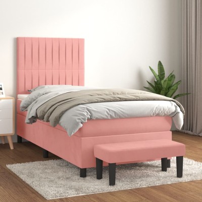 Cama box spring con colchón terciopelo rosa 90x190 cm