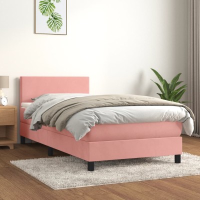 Cama box spring con colchón terciopelo rosa 90x200 cm