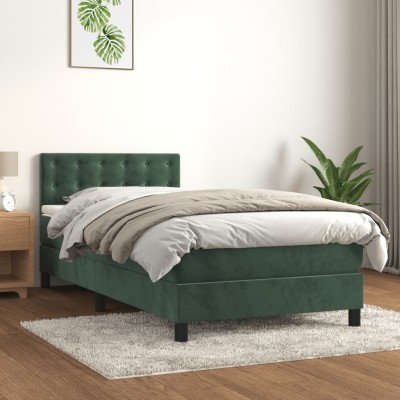 Cama box spring con colchón terciopelo verde oscuro 90x190 cm