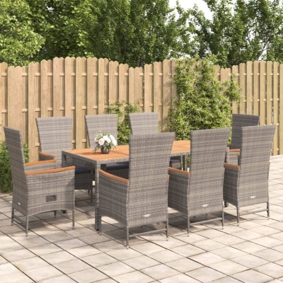 Set comedor jardín 9 pzas y cojines ratán sintético gris