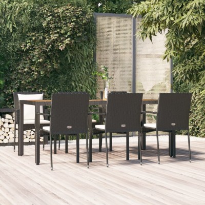 Set de comedor de jardín 7 pzas y cojines ratán sintético negro
