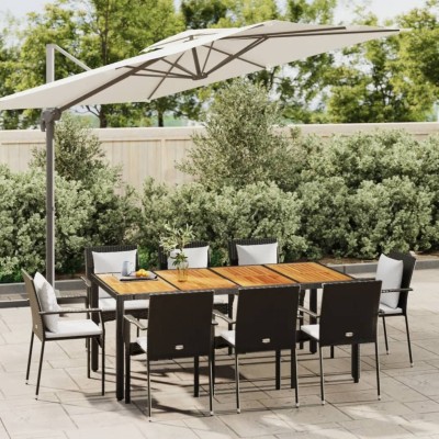 Set de comedor de jardín 9 pzas y cojines ratán sintético negro