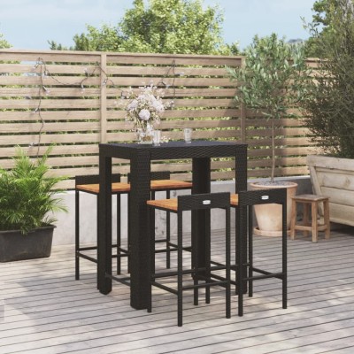 Mesa bar y taburetes jardín 5 pzas madera acacia ratán PE negro