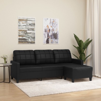 Sofá de 3 plazas con taburete cuero sintético negro 180 cm
