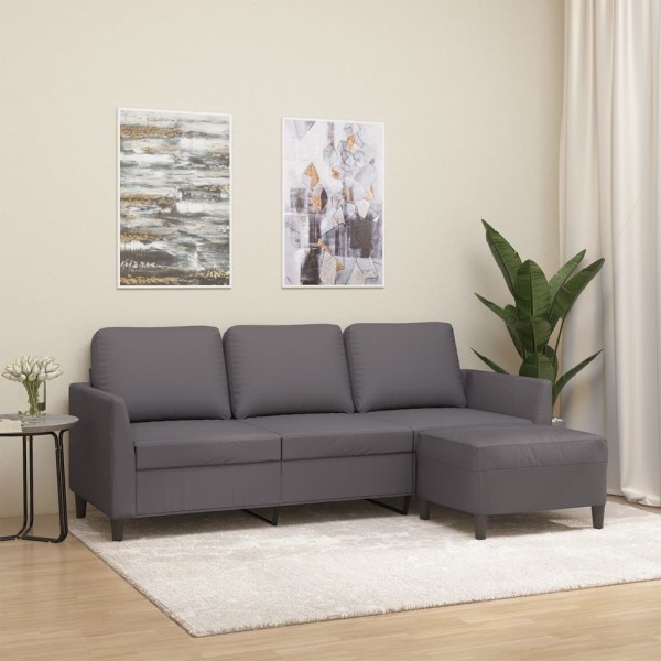 Sofá de 3 plazas con taburete cuero sintético gris 180 cm
