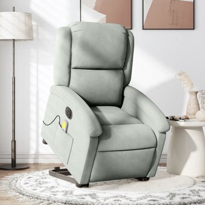 Sillón de masaje reclinable elevable terciopelo gris claro