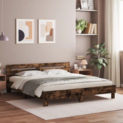Estructura de cama cabecero y luces LED roble ahumado 200x200cm