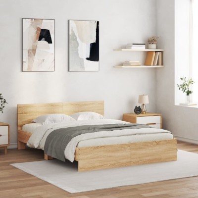 Estructura de cama cabecero y luces LED roble Sonoma 160x200 cm