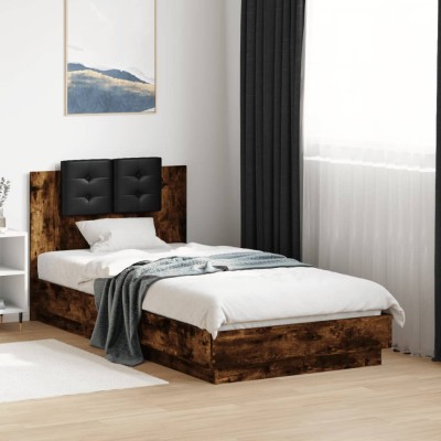 Estructura de cama cabecero luces LED roble ahumado 75x190 cm