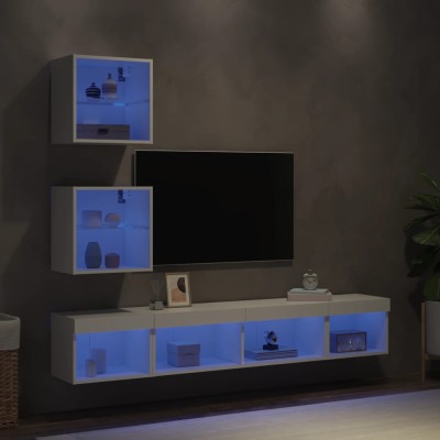Muebles de TV de pared con LED 5 pzas madera ingeniería blanco