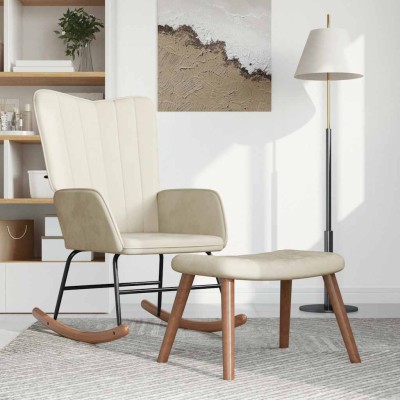 Silla mecedora con reposapiés terciopelo crema