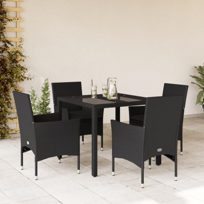 Set comedor jardín 5 pzas cojines ratán sintético vidrio negro