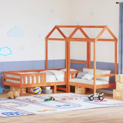 Set de cama y banco con techo madera de pino marrón 90x190 cm