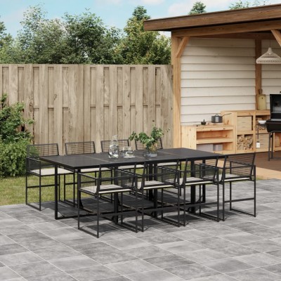 Set de comedor de jardín 9 pzas y cojines ratán sintético negro