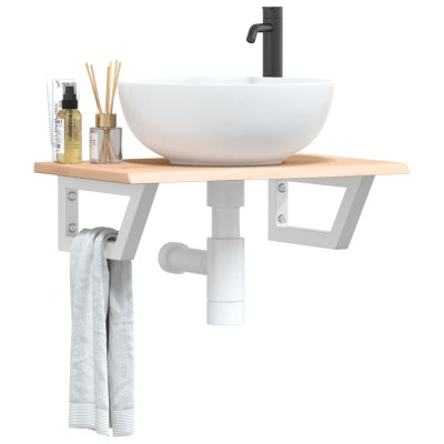 Estante de lavabo de pared de acero y madera maciza de roble