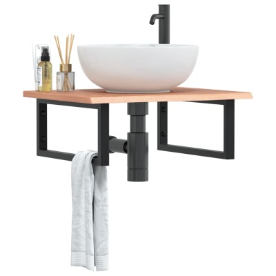 Estante de lavabo de pared de acero y madera maciza de roble