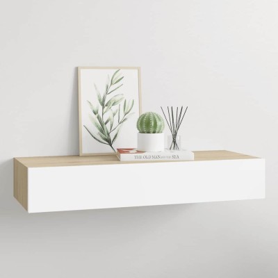 Estante con cajón de pared MDF roble y blanco 60x23,5x10 cm