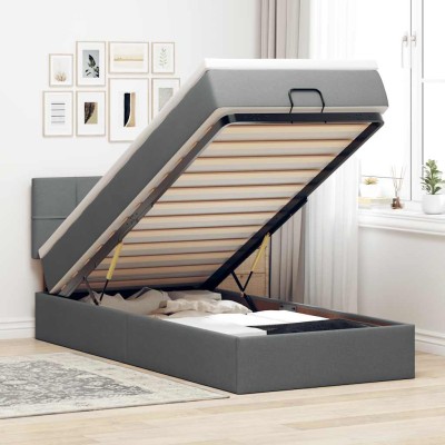 Estructura cama otomana colchón tela gris oscuro