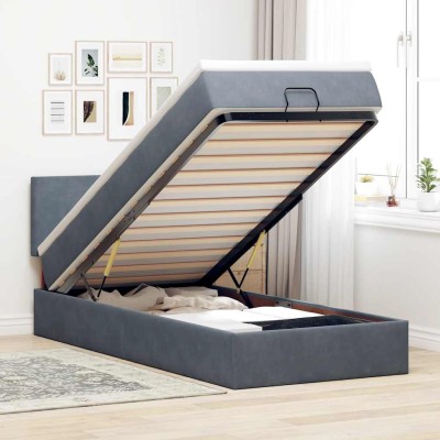 Estructura cama otomana colchón terciopelo gris oscuro
