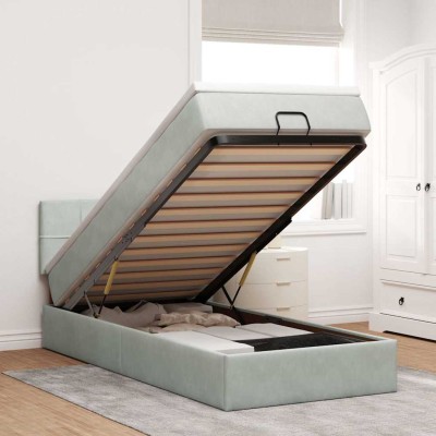 Estructura cama otomana colchón terciopelo gris claro 100x200cm