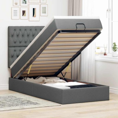 Estructura cama otomana colchón tela gris oscuro