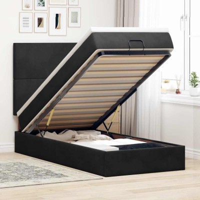 Estructura cama otomana colchones terciopelo negro 90x200 cm