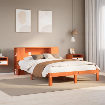 Cama con estantería sin colchón madera maciza marrón 135x190cm