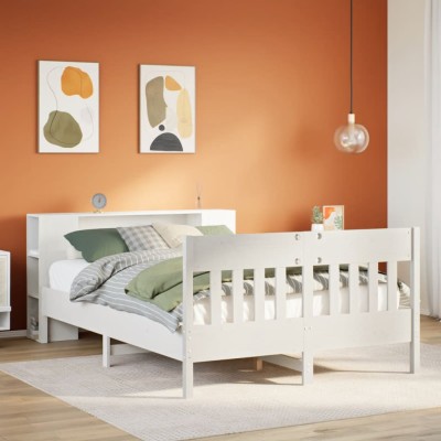 Cama con estantería sin colchón madera maciza blanca 140x190 cm